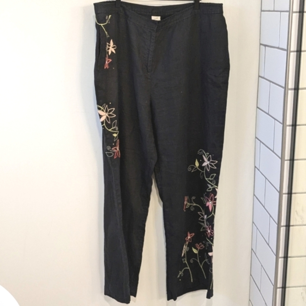 J. Jill Women's Black 100% Linen Floral Embroidered Pants Boho Cottagecore Y2K